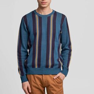 Mens Poplin & Co. Vertical Stripe Blue Sweater Cotton Designer Crewneck Sz Large